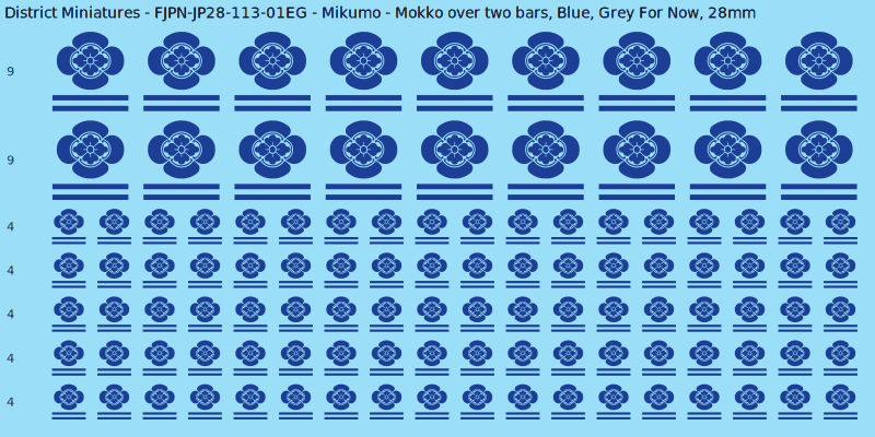 Mikumo clan mon, Blue waterslide decal sheet, Grey For Now banner sizes, 28mm