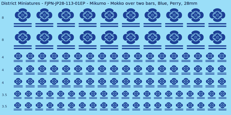 Mikumo clan mon, Blue waterslide decal sheet, Perry banner sizes, 28mm