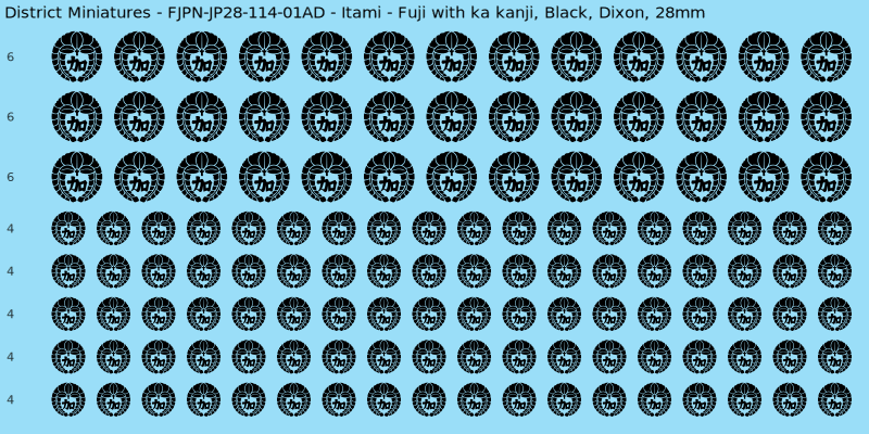 Itami clan mon, Black waterslide decal sheet, Dixon banner sizes, 28mm