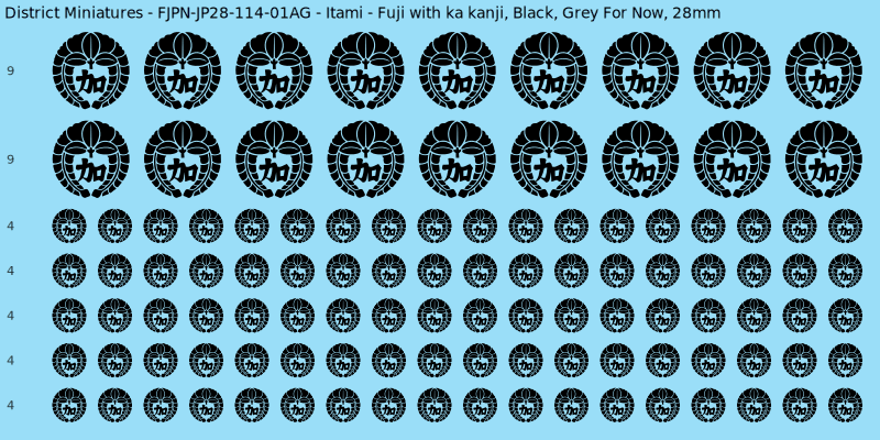 Itami clan mon, Black waterslide decal sheet, Grey For Now banner sizes, 28mm