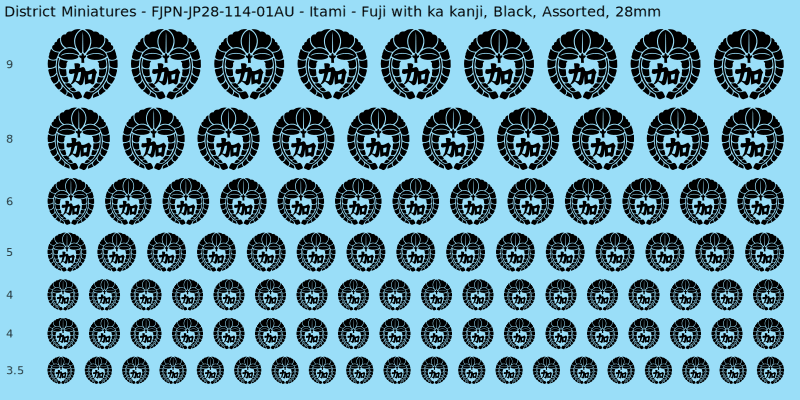 Itami clan mon, Fuji with ka kanji, Black waterslide decal sheet, 28mm