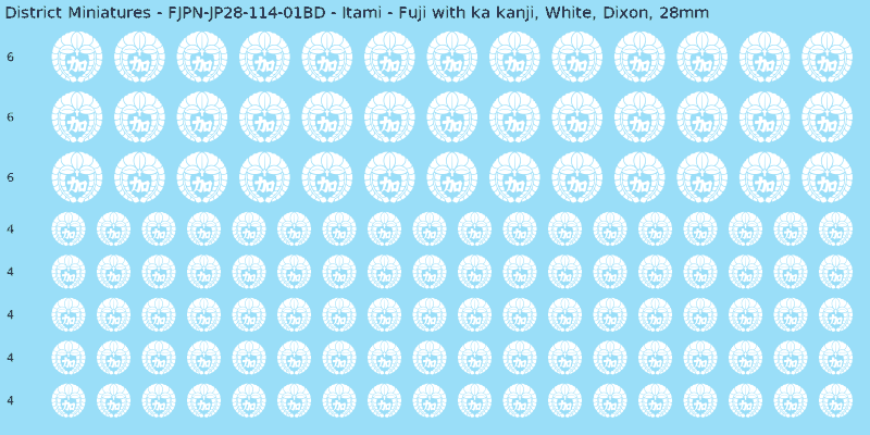 Itami clan mon, White waterslide decal sheet, Dixon banner sizes, 28mm