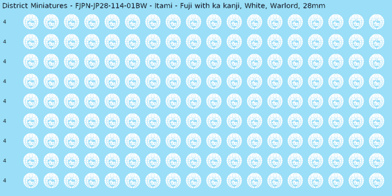 Itami clan mon, White waterslide decal sheet, Warlord banner sizes, 28mm