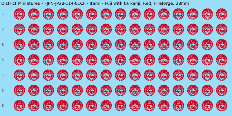 Itami clan mon, Red waterslide decal sheet, Fireforge banner sizes, 28mm
