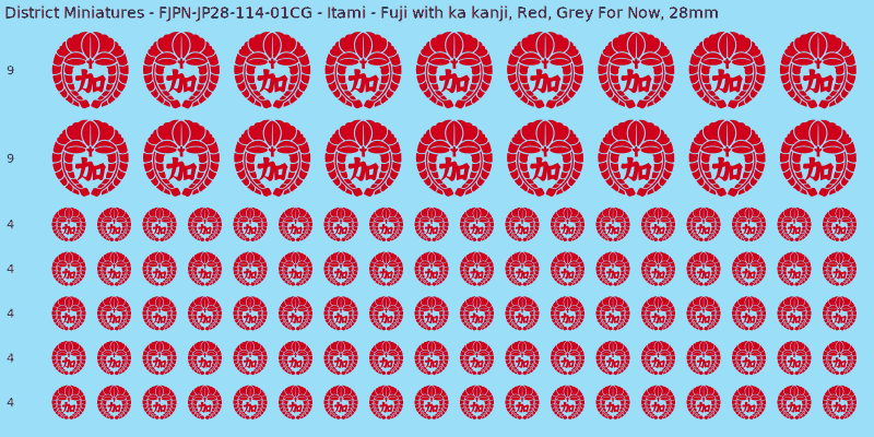Itami clan mon, Red waterslide decal sheet, Grey For Now banner sizes, 28mm