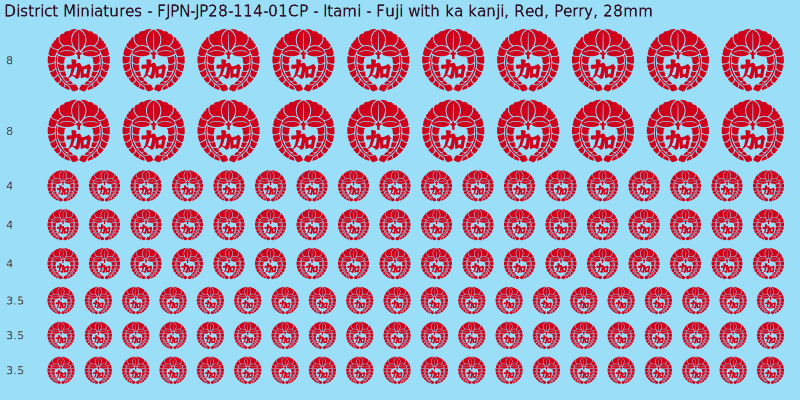 Itami clan mon, Red waterslide decal sheet, Perry banner sizes, 28mm