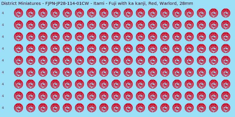 Itami clan mon, Red waterslide decal sheet, Warlord banner sizes, 28mm