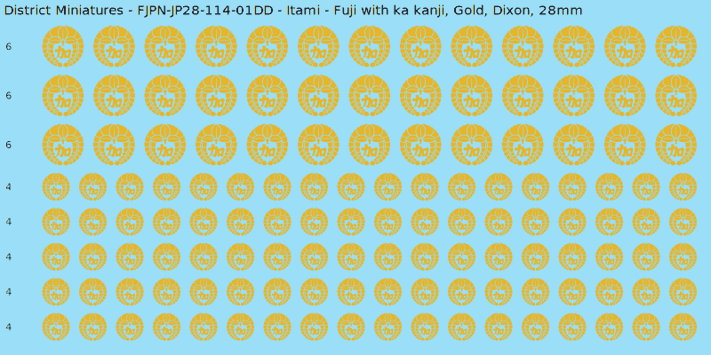 Itami clan mon, Yellow/Gold waterslide decal sheet, Dixon banner sizes, 28mm