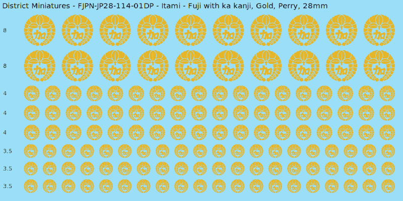 Itami clan mon, Yellow/Gold waterslide decal sheet, Perry banner sizes, 28mm