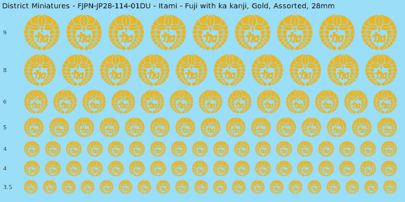 Itami clan mon, Yellow/Gold waterslide decal sheet, Assorted banner sizes, 28mm