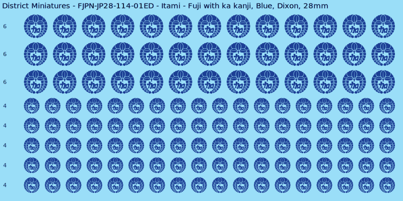Itami clan mon, Blue waterslide decal sheet, Dixon banner sizes, 28mm
