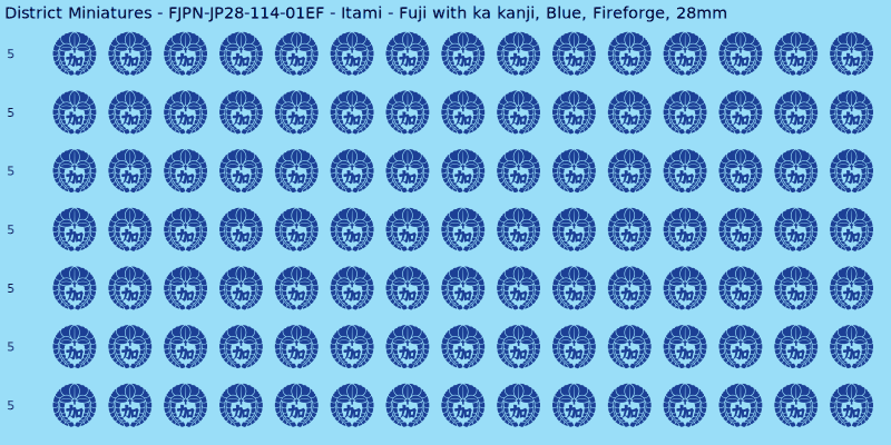 Itami clan mon, Blue waterslide decal sheet, Fireforge banner sizes, 28mm