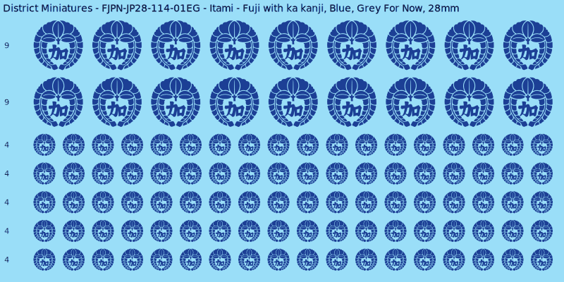 Itami clan mon, Blue waterslide decal sheet, Grey For Now banner sizes, 28mm