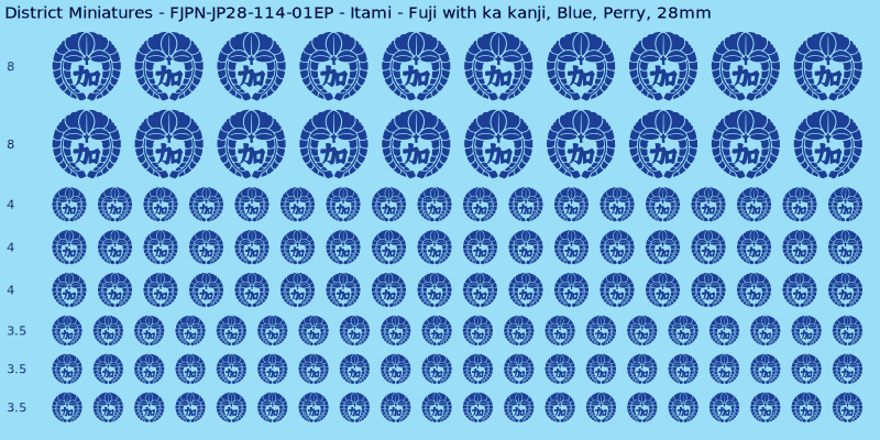 Itami clan mon, Blue waterslide decal sheet, Perry banner sizes, 28mm