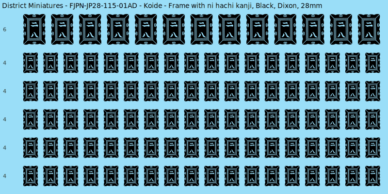 Koide clan mon, Black waterslide decal sheet, Dixon banner sizes, 28mm