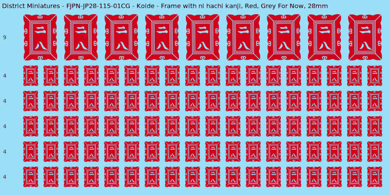 Koide clan mon, Red waterslide decal sheet, Grey For Now banner sizes, 28mm