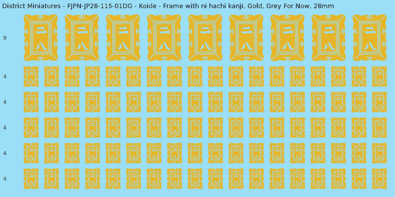 Koide clan mon, Yellow/Gold waterslide decal sheet, Grey For Now banner sizes, 28mm