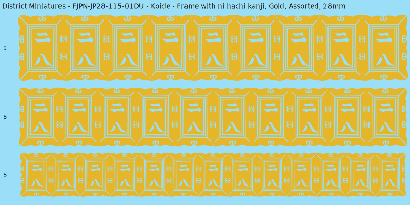 Koide clan mon, Frame with ni hachi kanji, Gold waterslide decal sheet, 28mm