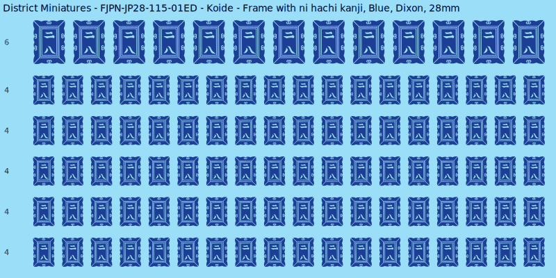 Koide clan mon, Blue waterslide decal sheet, Dixon banner sizes, 28mm