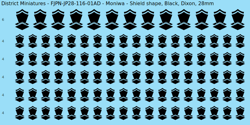 Moniwa clan mon, Black waterslide decal sheet, Dixon banner sizes, 28mm