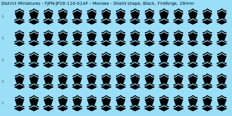 Moniwa clan mon, Black waterslide decal sheet, Fireforge banner sizes, 28mm