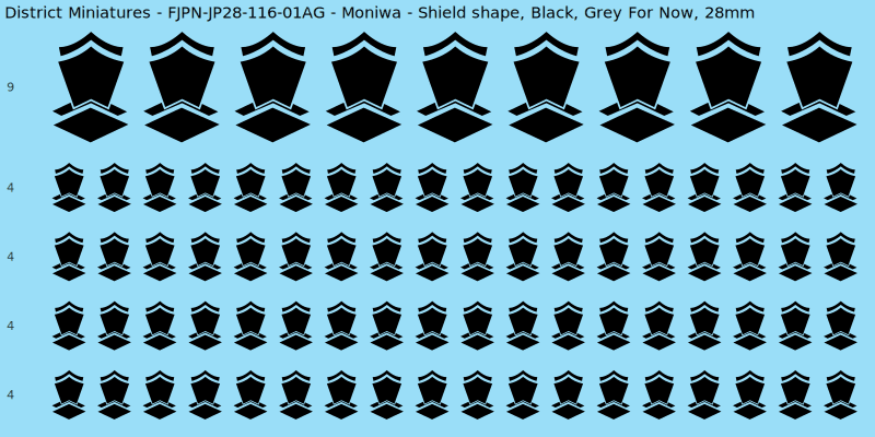 Moniwa clan mon, Black waterslide decal sheet, Grey For Now banner sizes, 28mm