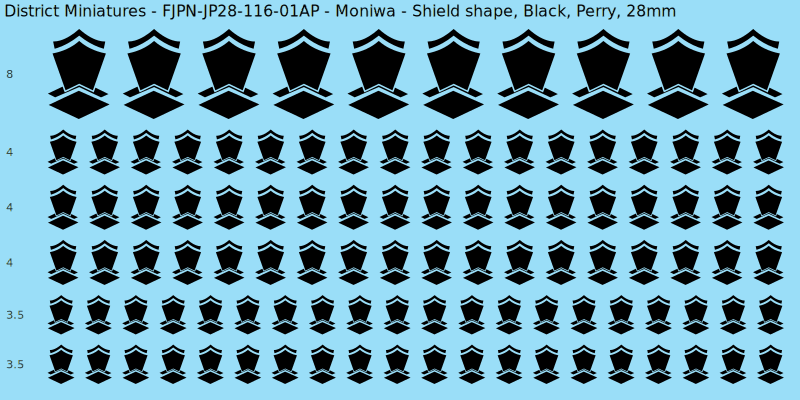 Moniwa clan mon, Black waterslide decal sheet, Perry banner sizes, 28mm