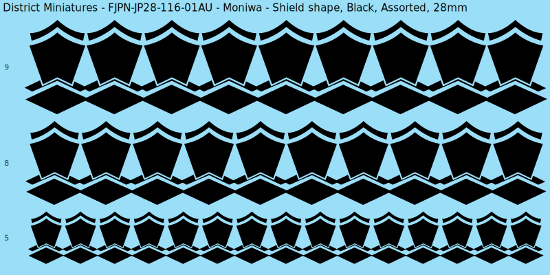 Moniwa clan mon, Shield shape, Black waterslide decal sheet, 28mm