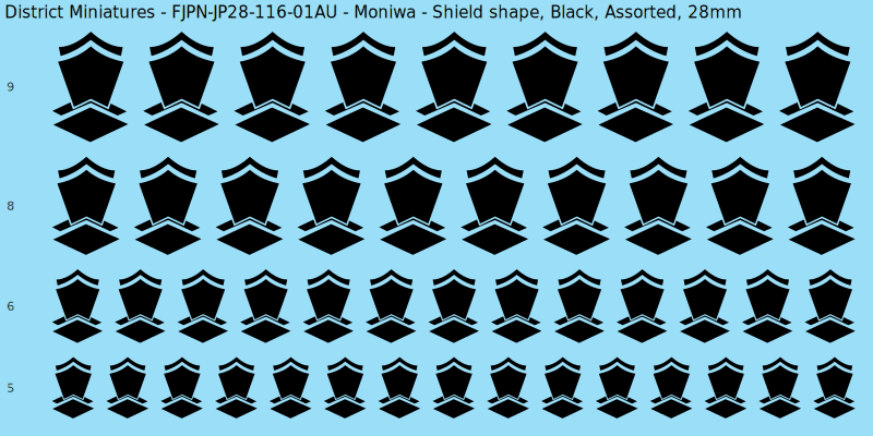 Moniwa clan mon, Black waterslide decal sheet, Assorted banner sizes, 28mm