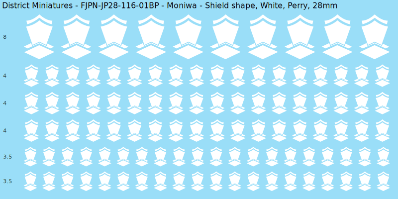 Moniwa clan mon, White waterslide decal sheet, Perry banner sizes, 28mm