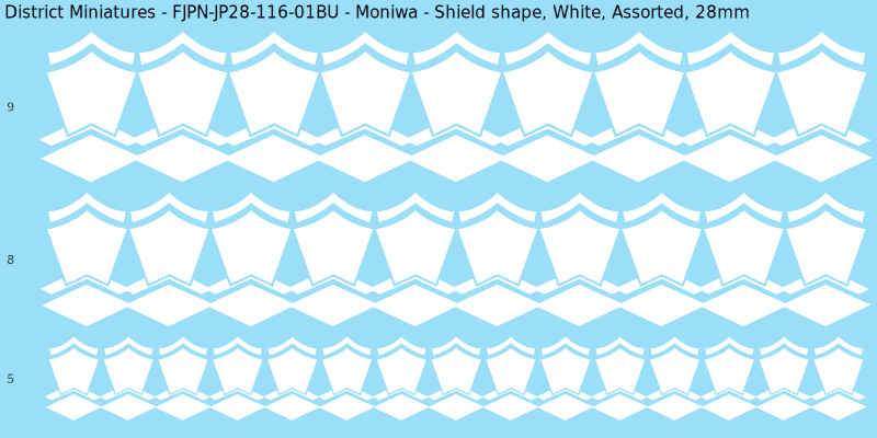 Moniwa clan mon, Shield shape, White waterslide decal sheet, 28mm