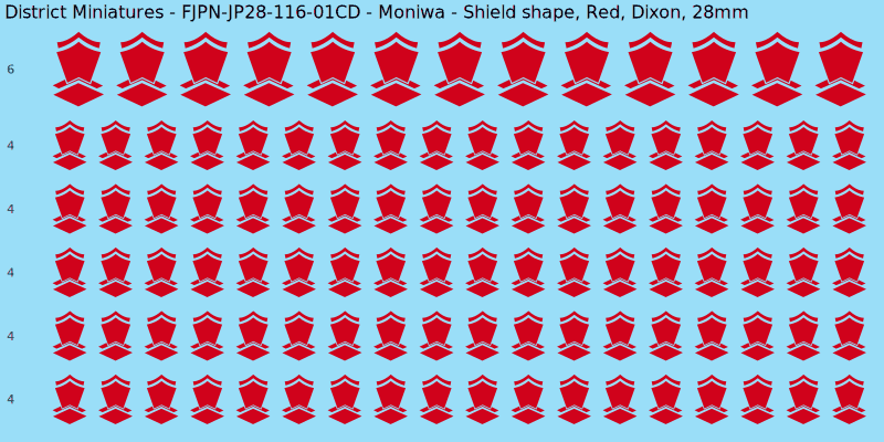 Moniwa clan mon, Red waterslide decal sheet, Dixon banner sizes, 28mm