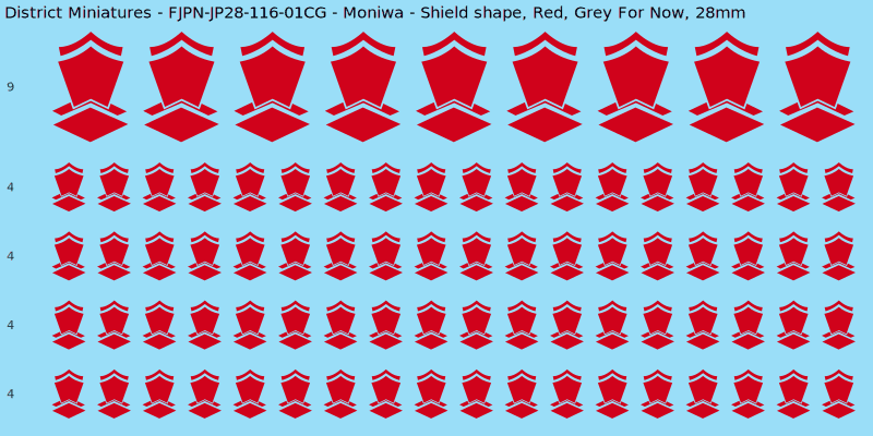 Moniwa clan mon, Red waterslide decal sheet, Grey For Now banner sizes, 28mm