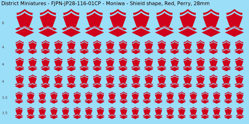 Moniwa clan mon, Red waterslide decal sheet, Perry banner sizes, 28mm