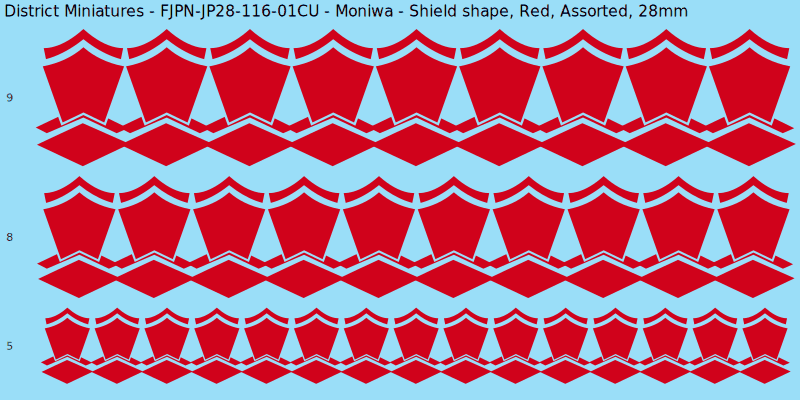 Moniwa clan mon, Shield shape, Red waterslide decal sheet, 28mm