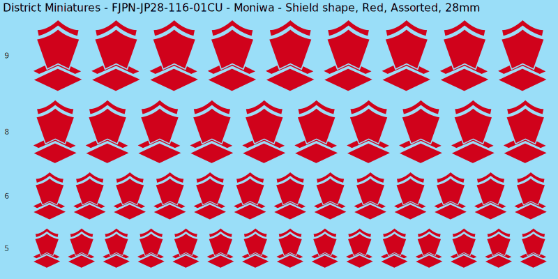 Moniwa clan mon, Red waterslide decal sheet, Assorted banner sizes, 28mm