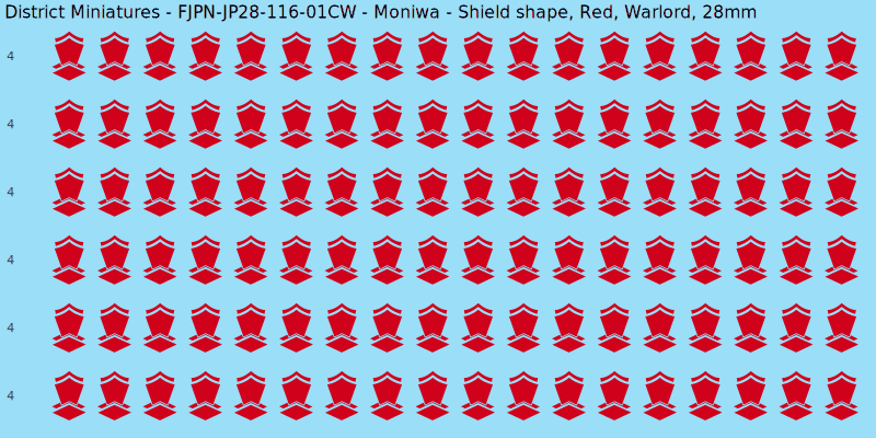 Moniwa clan mon, Red waterslide decal sheet, Warlord banner sizes, 28mm