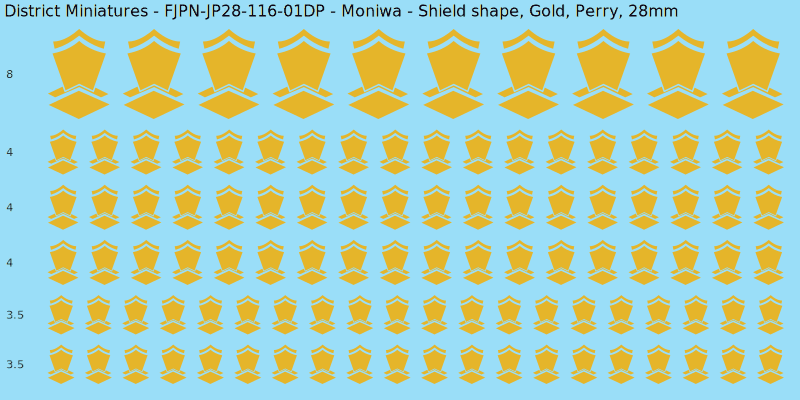 Moniwa clan mon, Yellow/Gold waterslide decal sheet, Perry banner sizes, 28mm