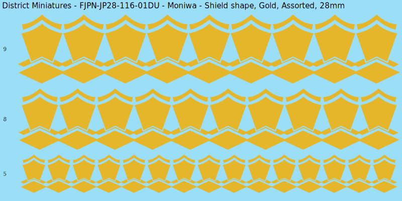 Moniwa clan mon, Shield shape, Gold waterslide decal sheet, 28mm