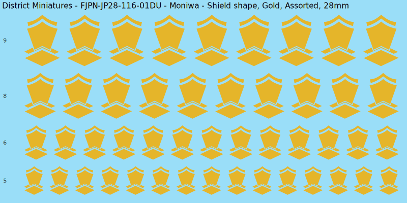 Moniwa clan mon, Yellow/Gold waterslide decal sheet, Assorted banner sizes, 28mm