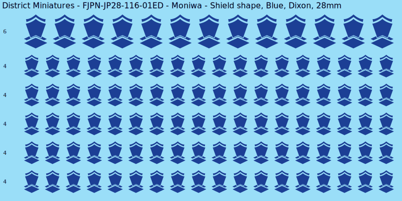 Moniwa clan mon, Blue waterslide decal sheet, Dixon banner sizes, 28mm