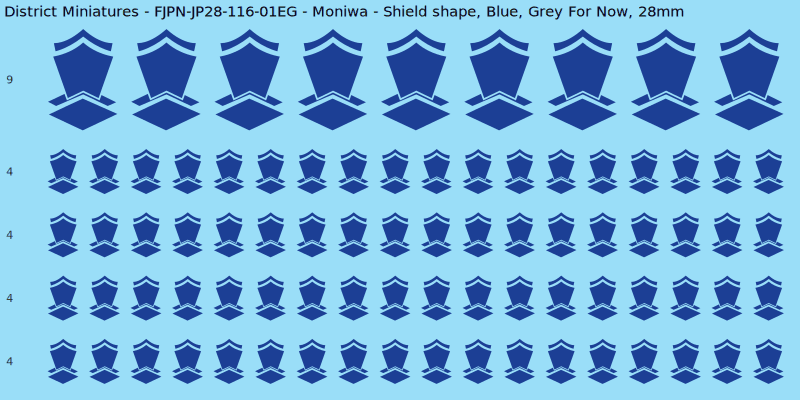 Moniwa clan mon, Blue waterslide decal sheet, Grey For Now banner sizes, 28mm