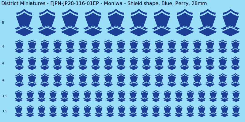 Moniwa clan mon, Blue waterslide decal sheet, Perry banner sizes, 28mm