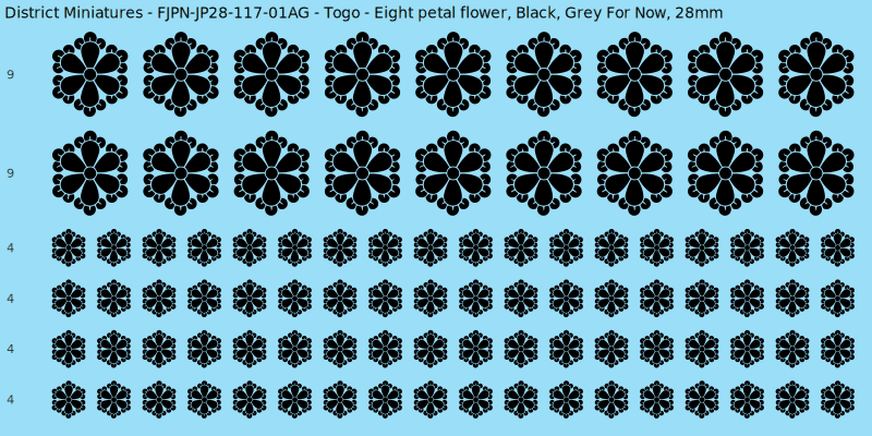 Togo clan mon, Black waterslide decal sheet, Grey For Now banner sizes, 28mm