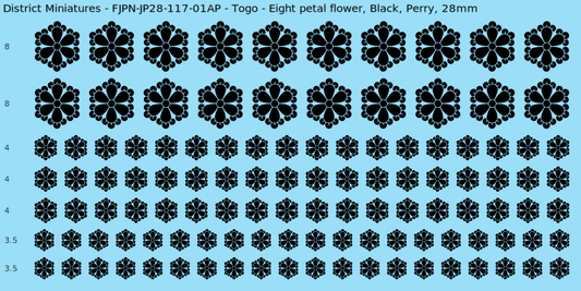 Togo clan mon, Black waterslide decal sheet, Perry banner sizes, 28mm