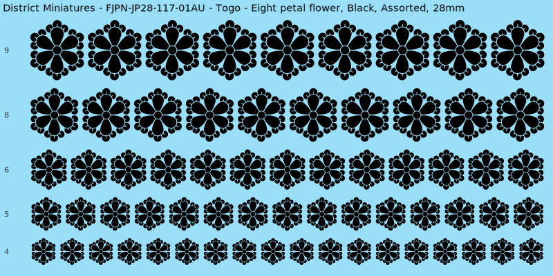 Togo clan mon, Eight petal flower, Black waterslide decal sheet, 28mm