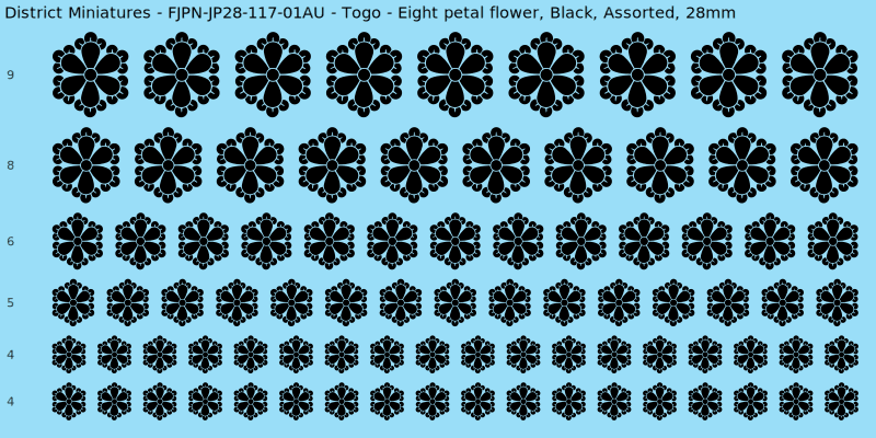 Togo clan mon, Black waterslide decal sheet, Assorted banner sizes, 28mm