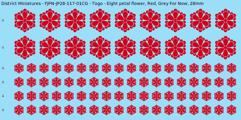 Togo clan mon, Red waterslide decal sheet, Grey For Now banner sizes, 28mm