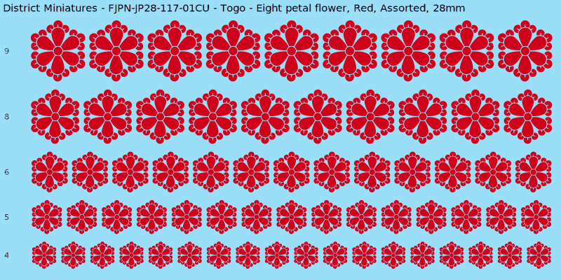 Togo clan mon, Eight petal flower, Red waterslide decal sheet, 28mm