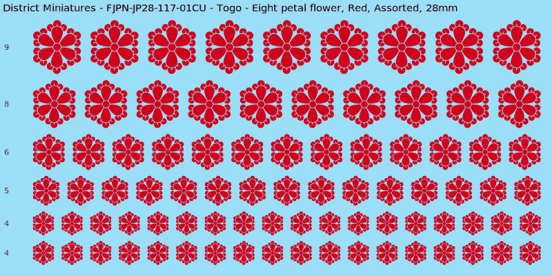 Togo clan mon, Red waterslide decal sheet, Assorted banner sizes, 28mm